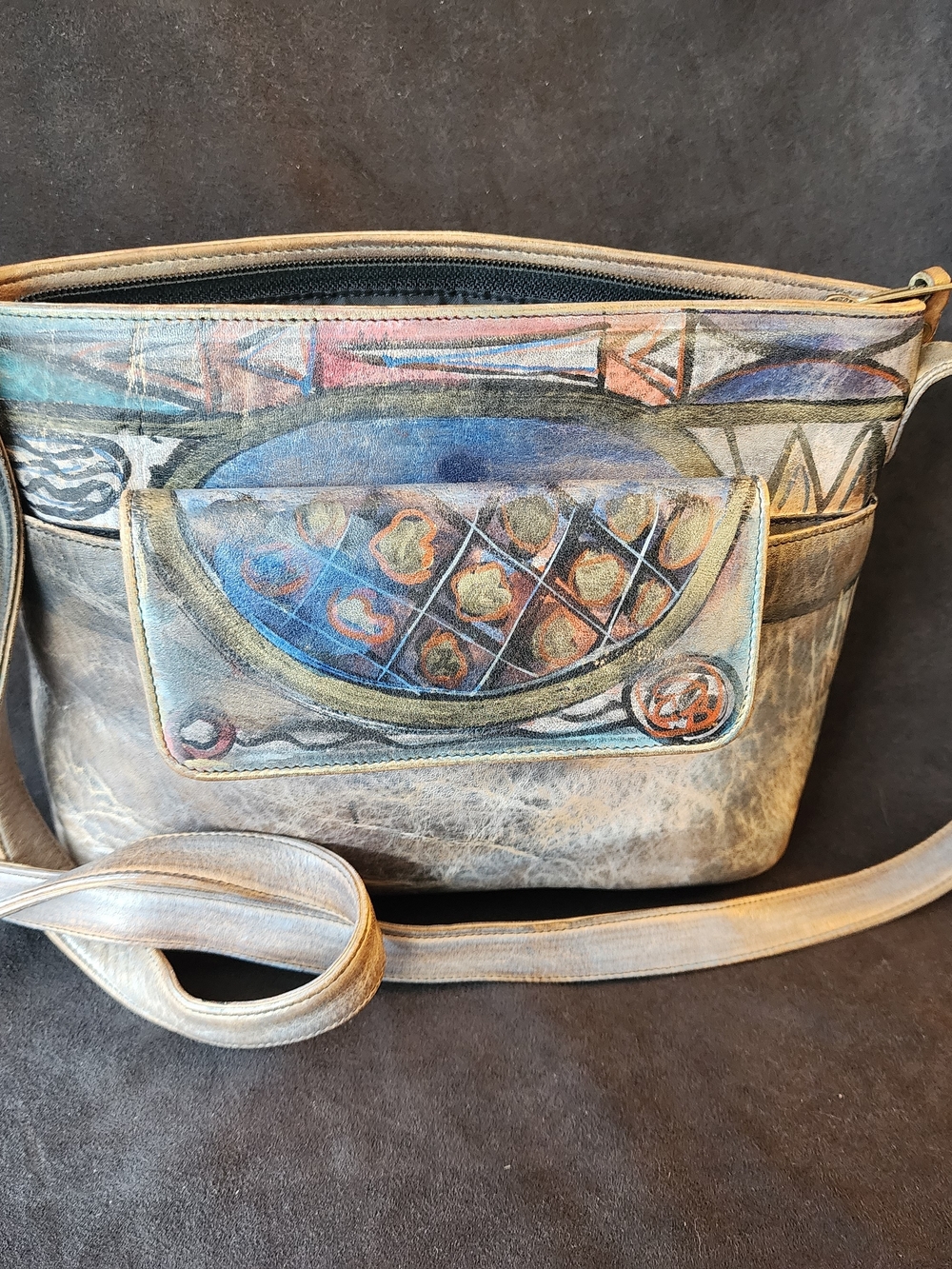 Vintage Jane Yoo "Wearable Art" Hand-Painted Leather Crossbody Bag